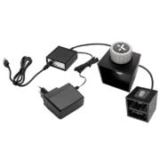 The image shows a HAPTICORE Eval Kit Combi Bundle consisting of a HAPTICORE 14-P001X1 and HAPTICORE 34-P001X2 Eval Kit as well as a HAPTICORE Control Unit Pro, including a 12 V power supply and USB-C connection cable.